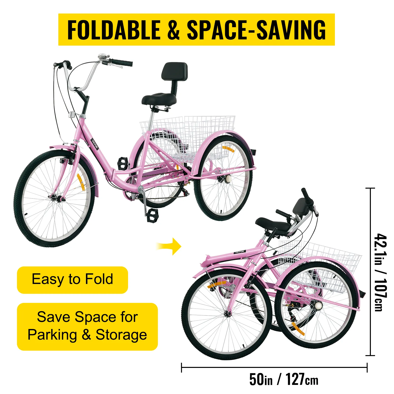 Triciclo para adultos VEVOR, diseño rosa plegable con cesta de almacenamiento para fácil estacionamiento.
