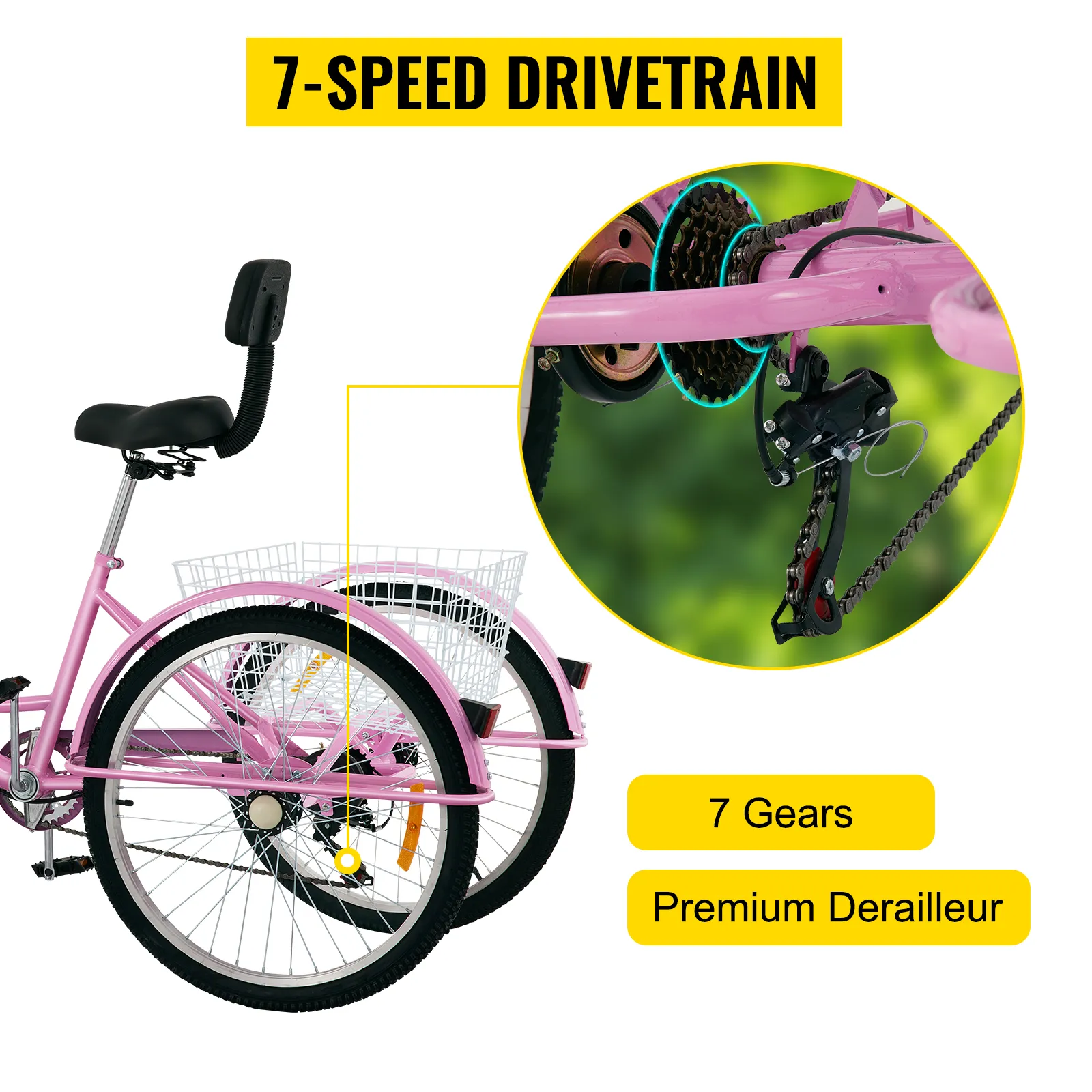 Triciclo para adultos VEVOR rosa con transmisión de 7 velocidades y desviador premium destacado.