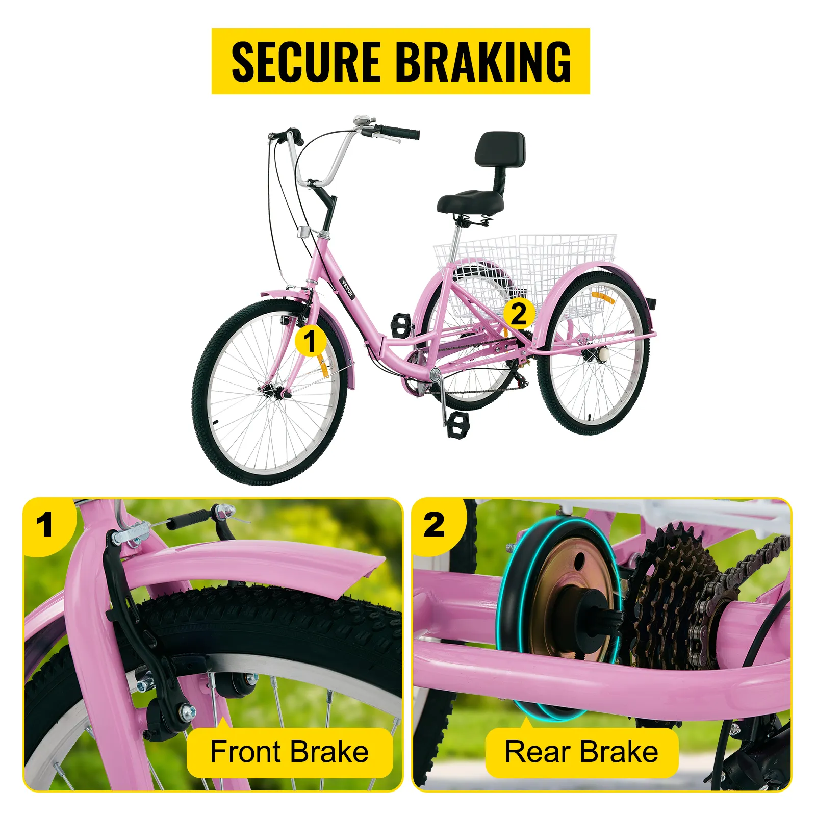 Triciclo para adultos VEVOR con frenos delanteros y traseros destacados para un frenado seguro.