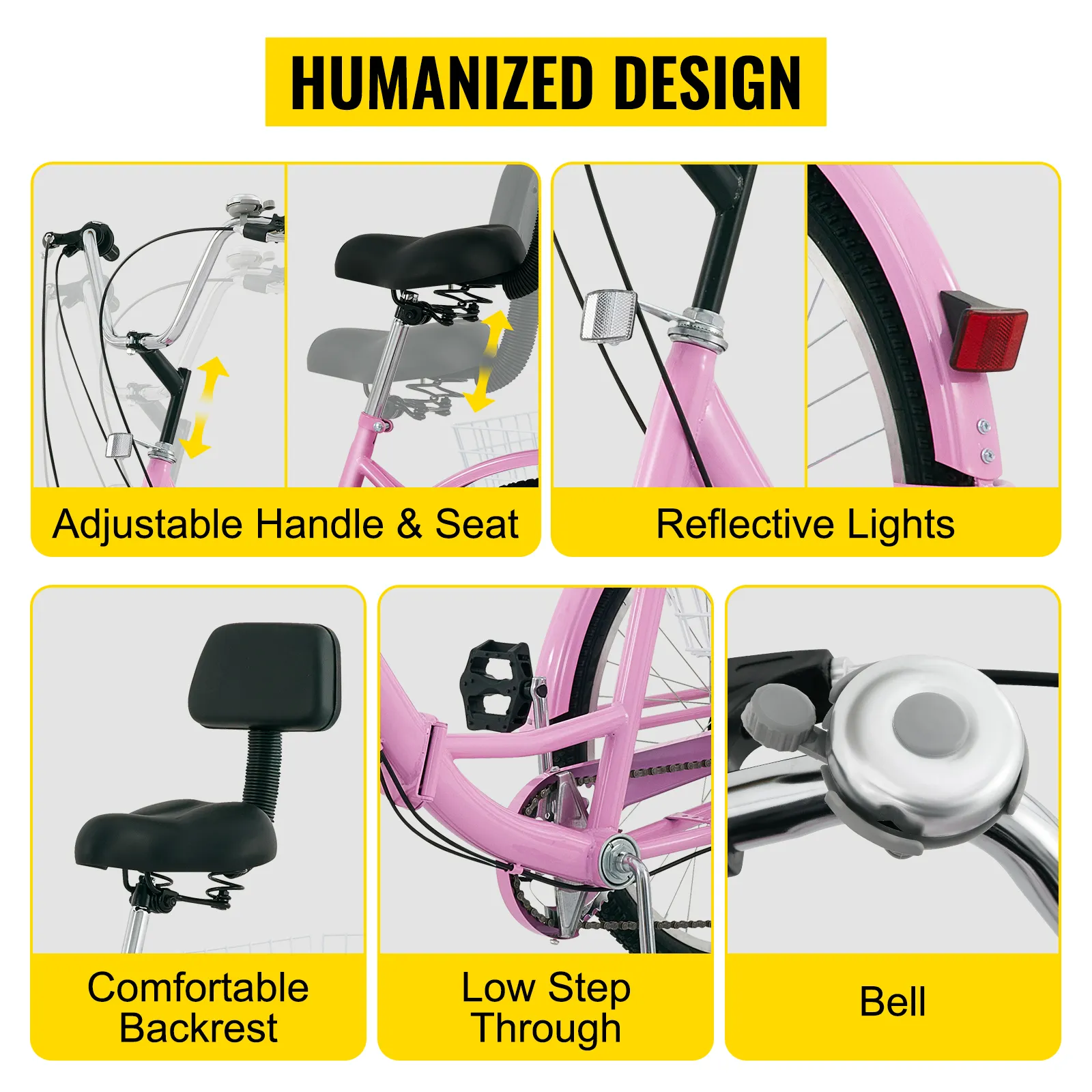 Triciclo para adultos VEVOR con manillar ajustable, asiento, luces reflectantes y respaldo cómodo.