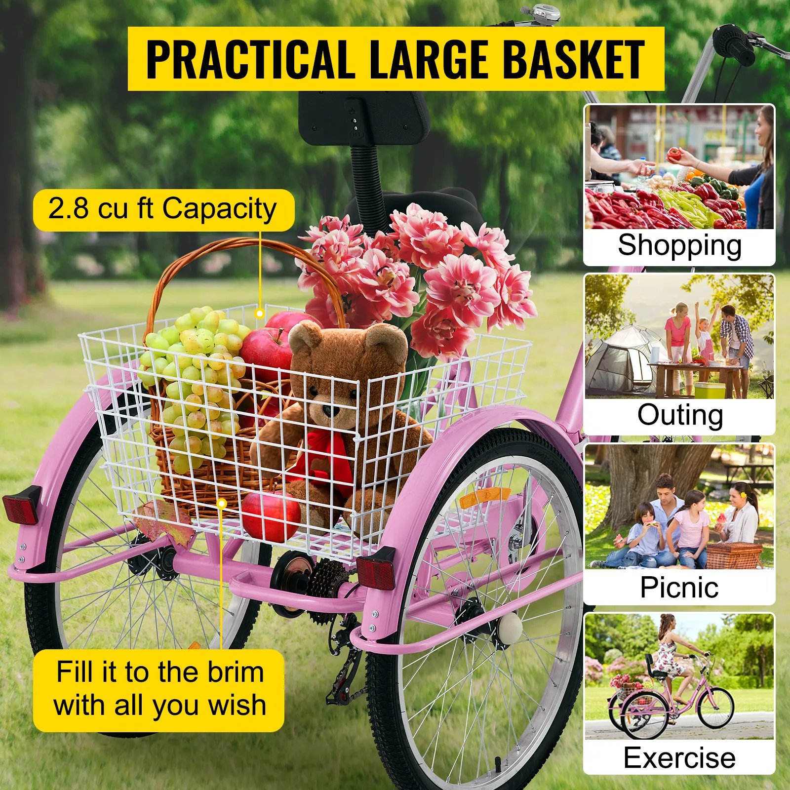 Triciclo para adultos VEVOR con práctica cesta grande ideal para compras, salidas, picnics, ejercicio.