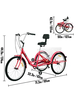 Triciclo para adultos VEVOR rojo con dimensiones 71,3 pulgadas de largo x 32,3 pulgadas de ancho x 44,9 pulgadas de alto y canasta trasera.
