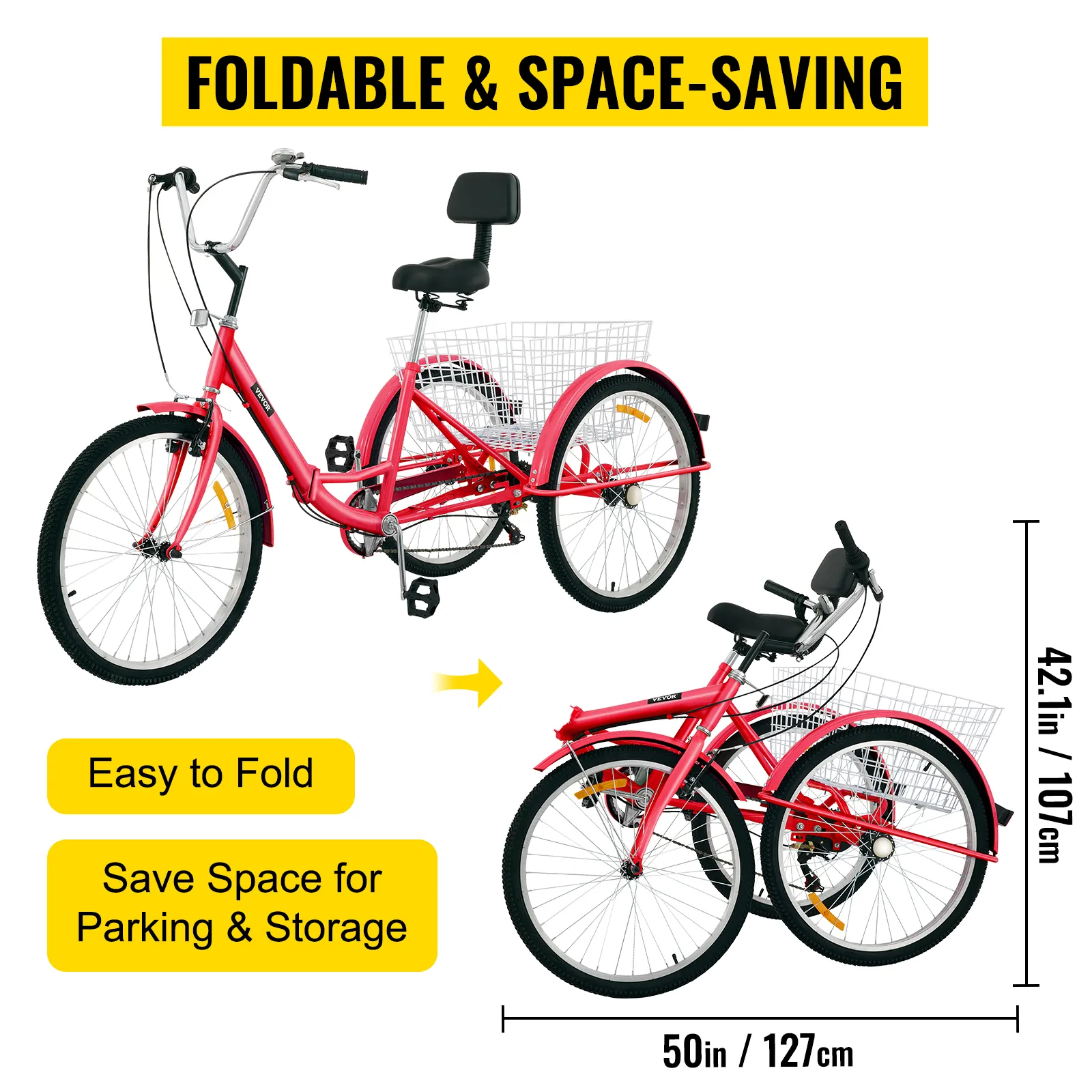 Triciclo para adultos VEVOR, plegable para fácil aparcamiento y almacenamiento, color rojo con cesta trasera.