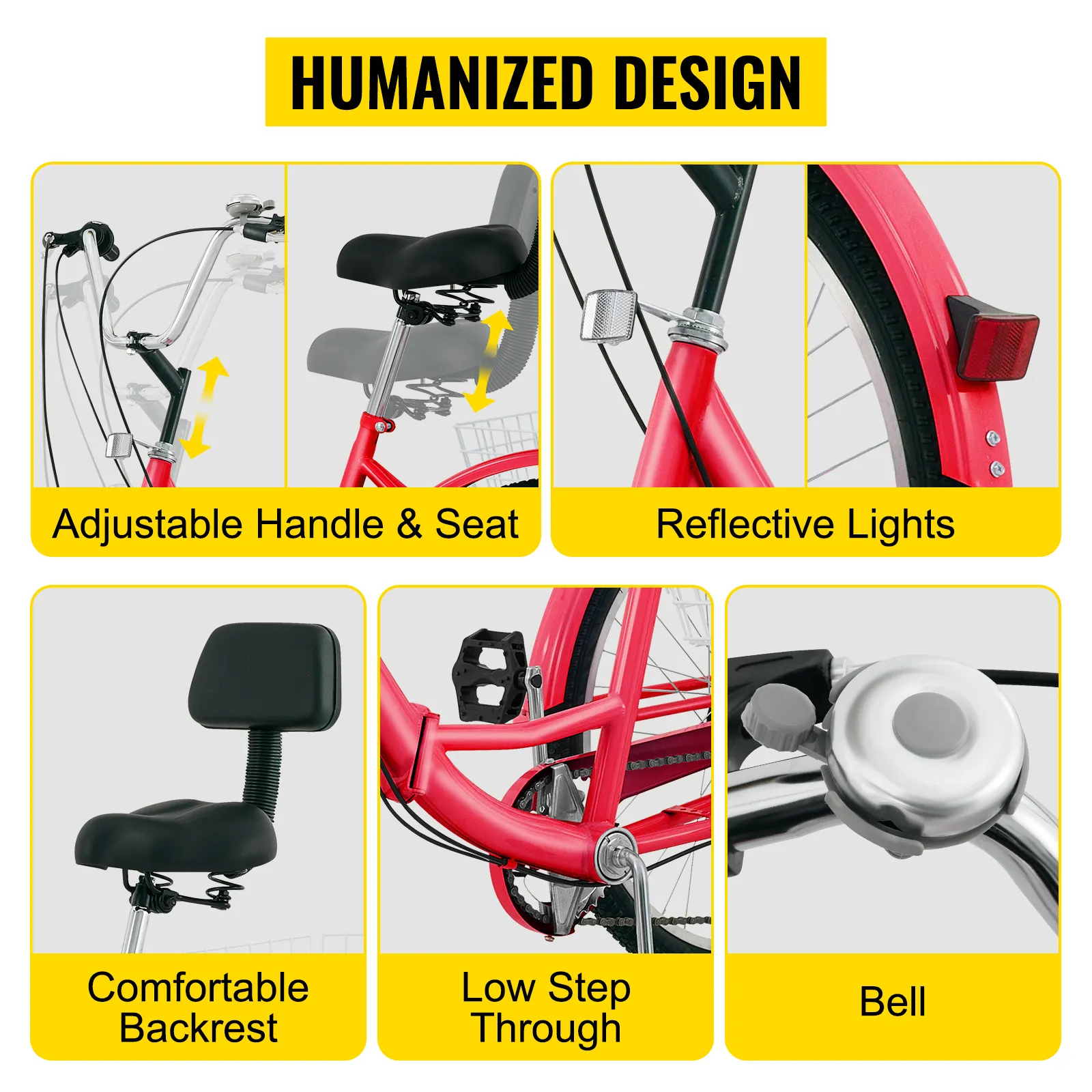 Triciclo para adultos VEVOR con manillar ajustable, asiento, respaldo, luces reflectantes y timbre.