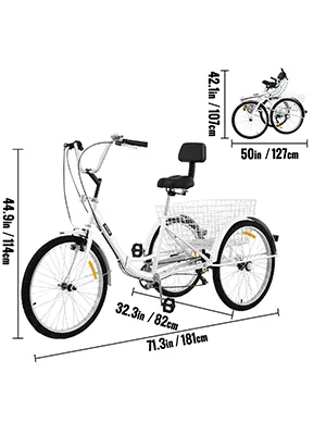 VEVOR adult tricycle with rear basket and adjustable seat dimensions shown.