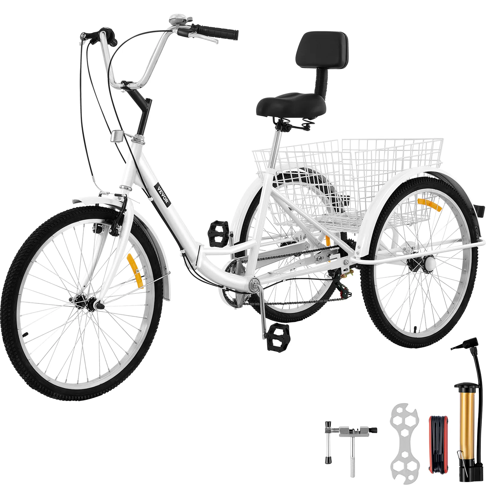 white VEVOR adult tricycle with large rear basket and included repair tools.