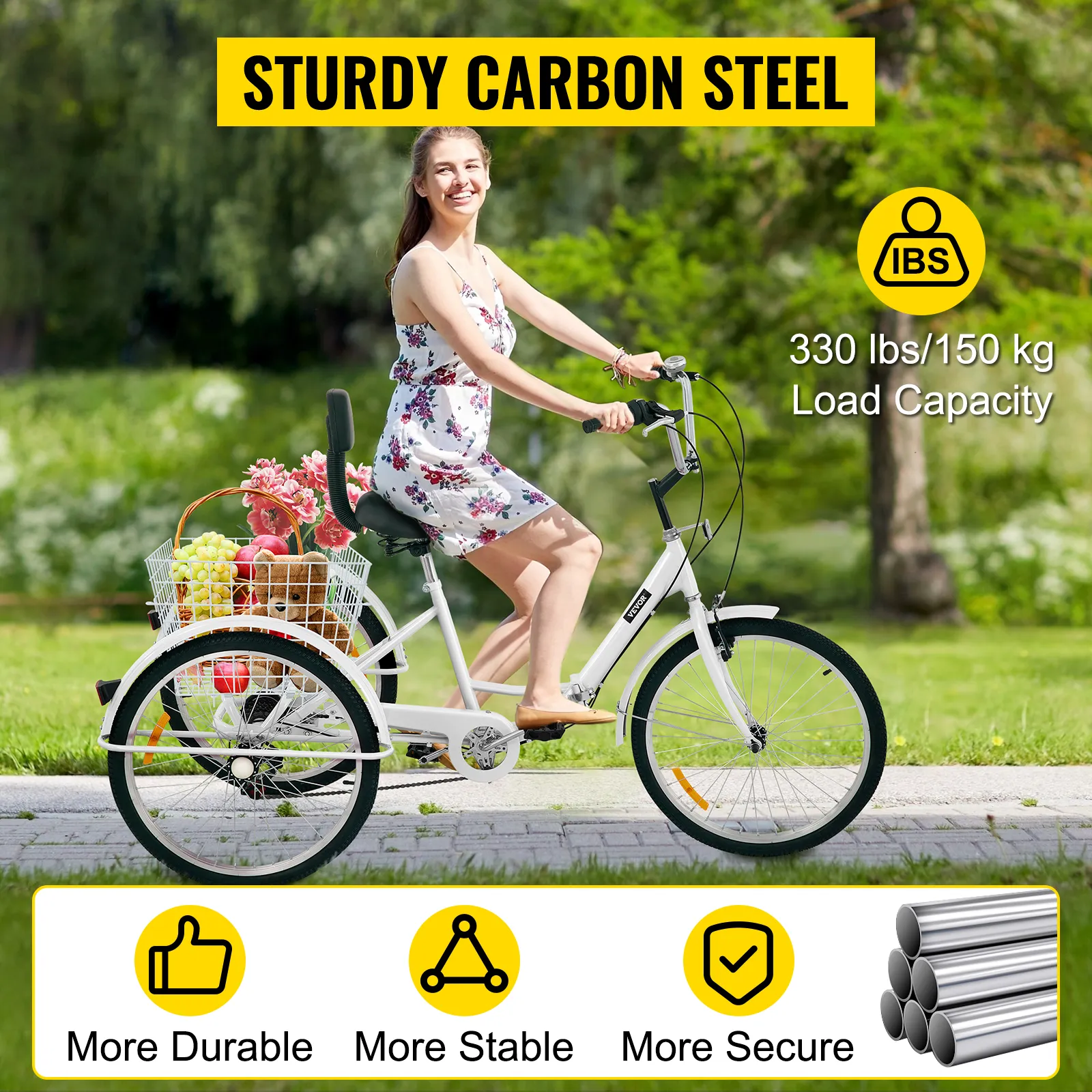 VEVOR adult tricycle, carbon steel frame, 330 lbs load capacity, woman riding with basket.