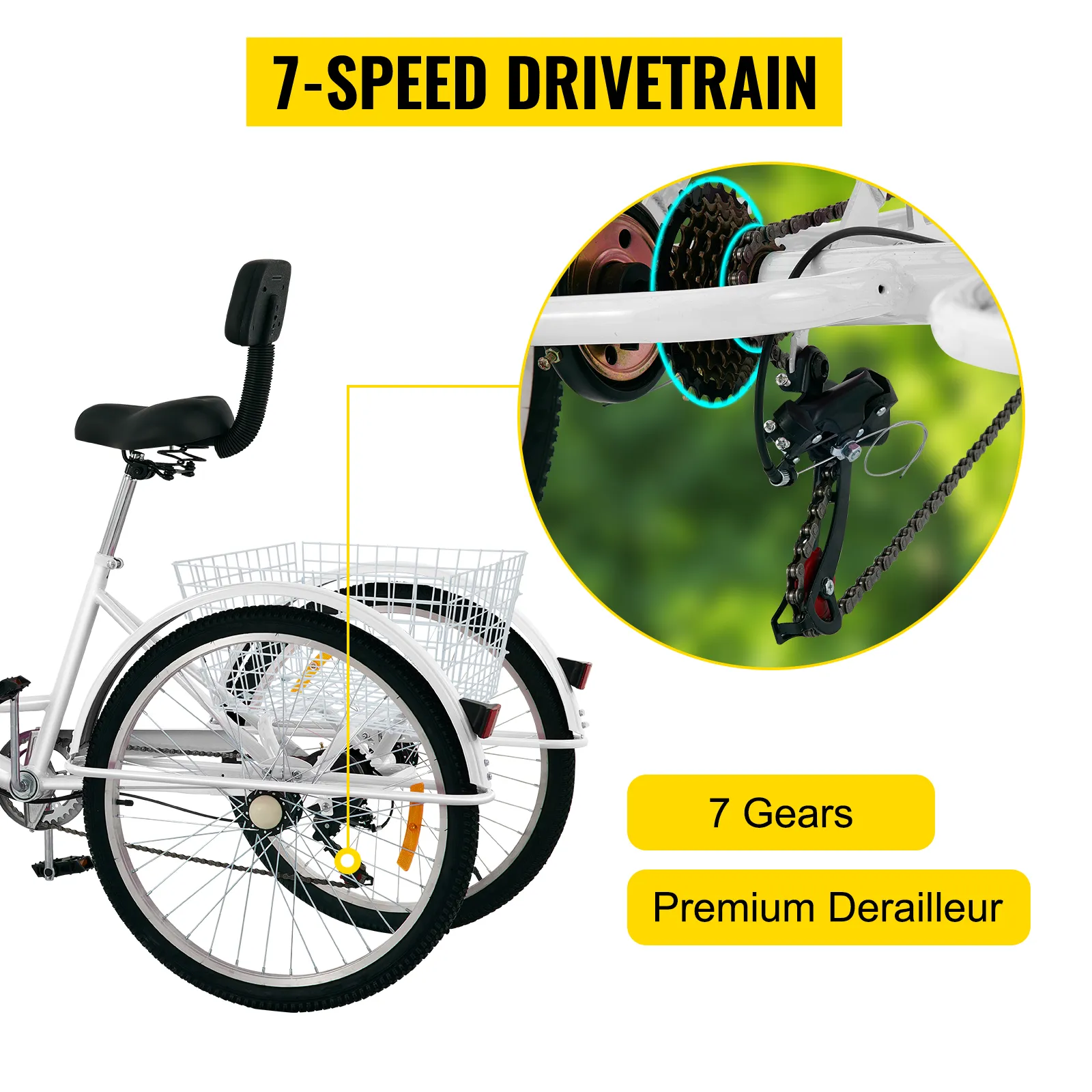 VEVOR adult tricycle with 7-speed drivetrain, premium derailleur, and rear baskets.