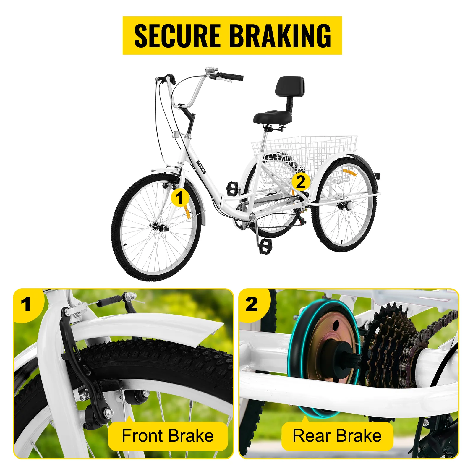 VEVOR adult tricycle highlighting front and rear brake systems for secure braking.