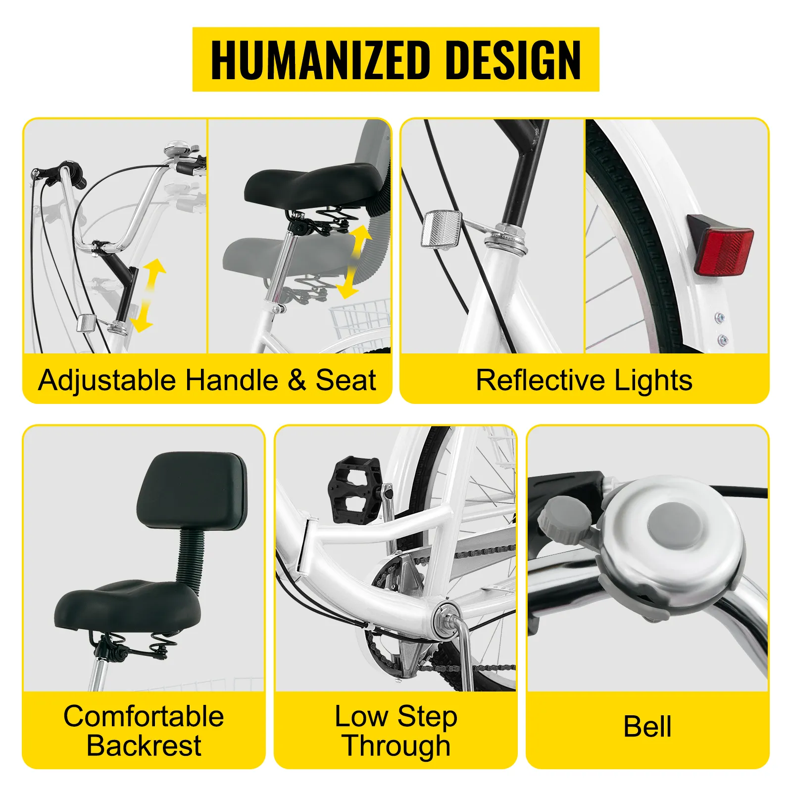VEVOR adult tricycle features adjustable handle, seat, reflective lights, backrest, and bell.