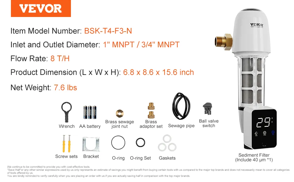 Filtro de sedimentos para toda la casa VEVOR con pantalla digital, accesorios y especificaciones detalladas del producto.