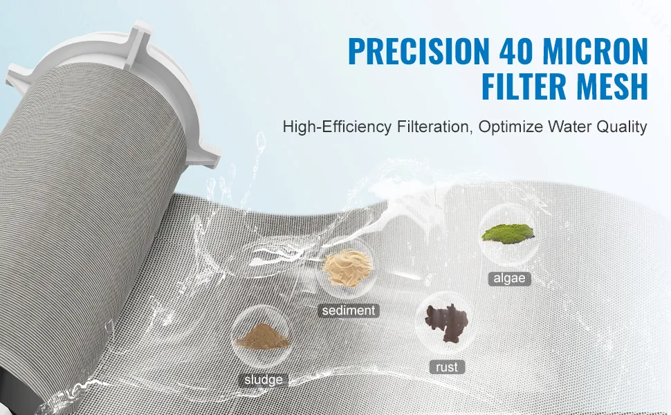 Filtro de sedimentos para toda la casa VEVOR que muestra una malla precisa de 40 micrones que filtra algas, óxido, sedimentos y lodos.