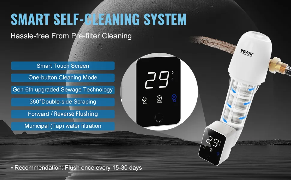 Filtro de sedimentos para toda la casa VEVOR con pantalla inteligente, limpieza con un botón y tecnología avanzada de alcantarillado.