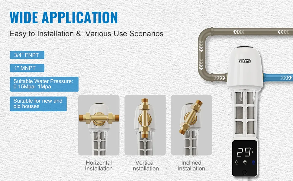Filtro de sedimentos para toda la casa VEVOR, fácil instalación, compatibilidad fnpt y mnpt, configuración vertical y horizontal.