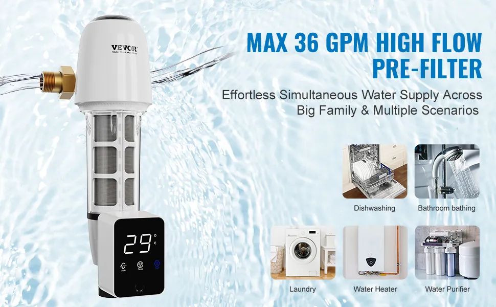 Filtro de sedimentos para toda la casa VEVOR con alto flujo de 36 gpm para lavavajillas, baños, lavandería y calentadores de agua.