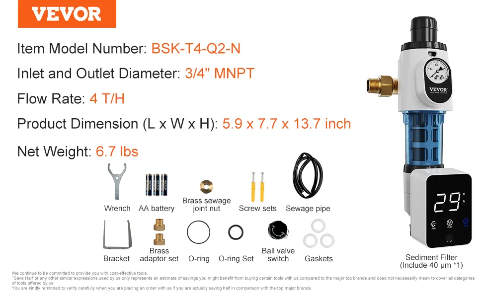 VEVOR spin down filter with lcd display, 3/4" mnpt, 4 t/h flow rate, and included accessories.