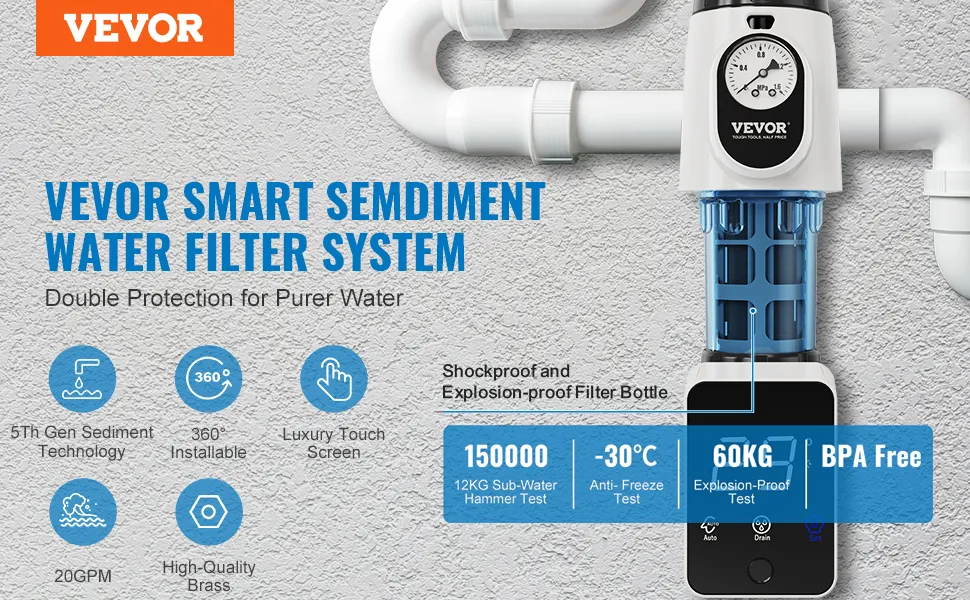 VEVOR spin down filter system with installable 5th gen sediment technology and shockproof bottle.