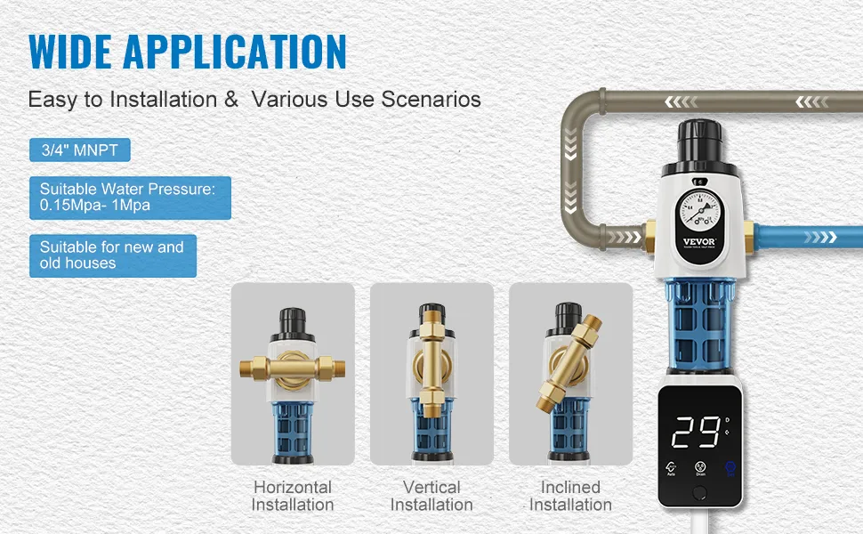 VEVOR spin down filter for various installations with easy setup, suitable for new and old houses.