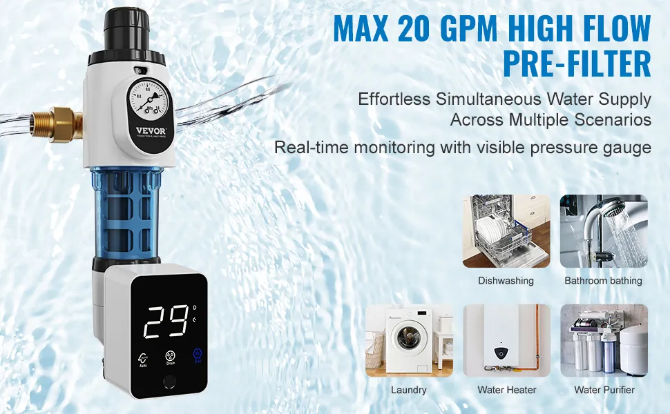 VEVOR spin down filter with 20 gpm flow, real-time pressure gauge; ideal for dishwashing, bathing, and more.