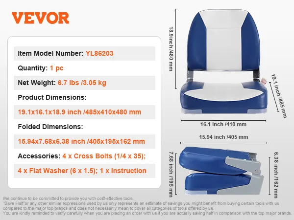 Blauwe en witte VEVOR bootstoel, model yl86203, met productafmetingen en meegeleverde accessoires.