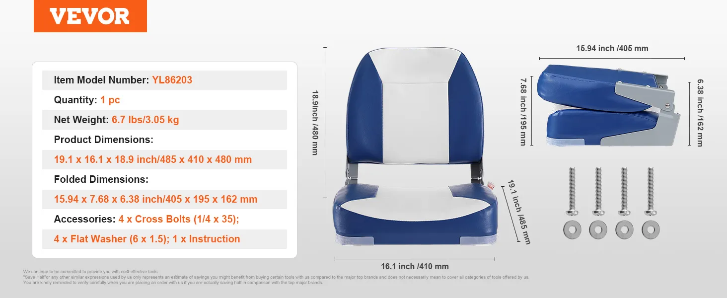 Blauwe en witte VEVOR bootstoel, model yl86203, met productafmetingen en meegeleverde accessoires.