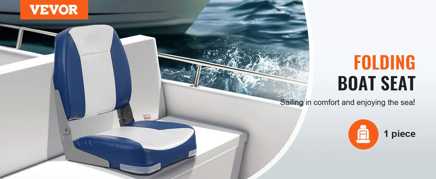 VEVOR opvouwbare bootstoel met blauw en wit design op een boot aan zee.