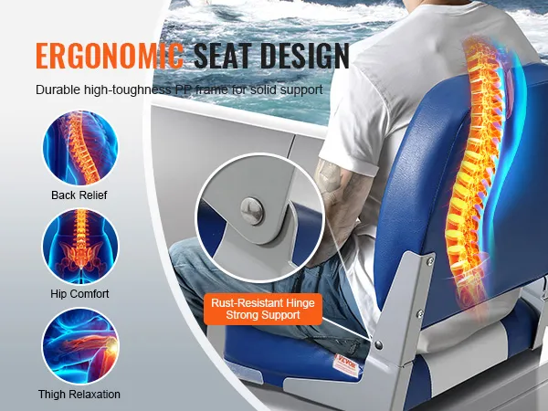 Ergonomische VEVOR-bootstoel voor rugverlichting, comfort voor de heupen, ontspanning van de dijen, roestbestendig scharnier, sterke ondersteuning.