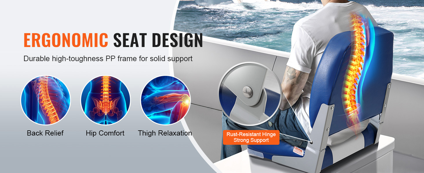 Ергономічне сидіння для човна VEVOR, що забезпечує полегшення навантаження на спину, комфорт для стегон, розслаблення стегон, стійкі до корозії петлі та надійну підтримку.