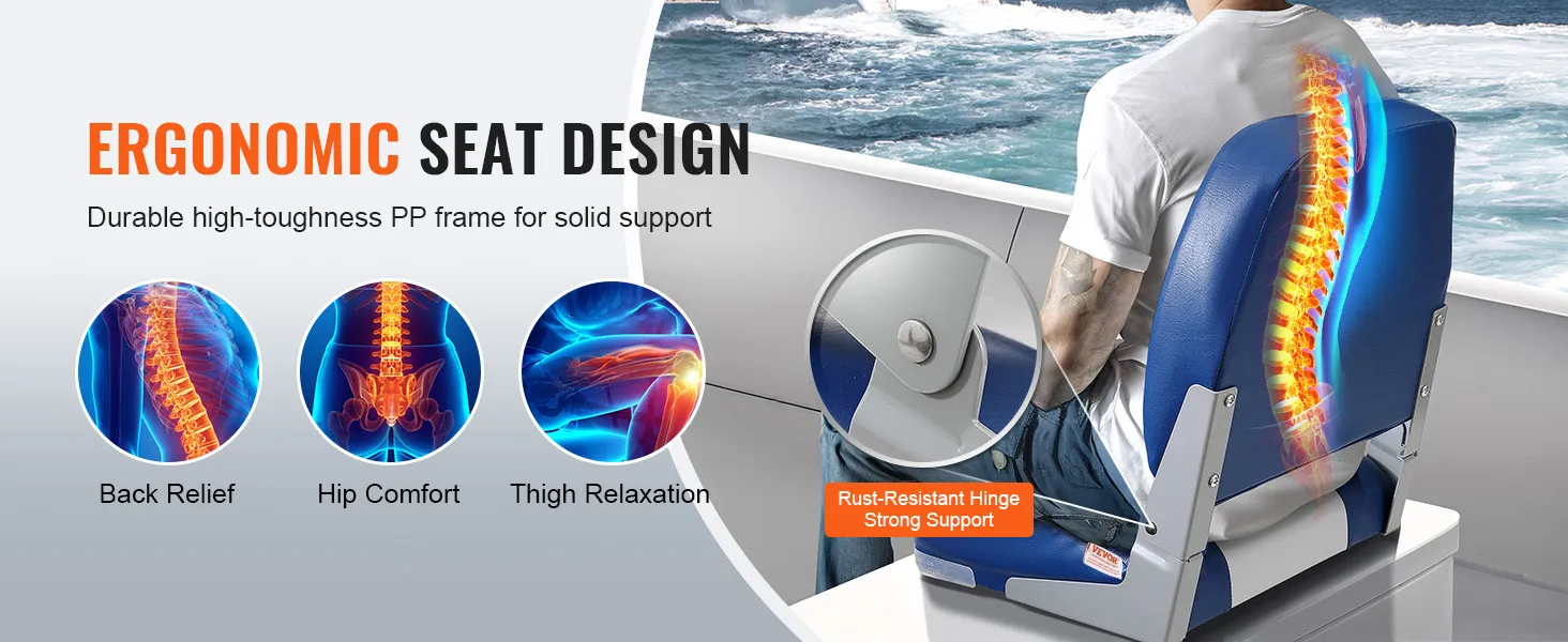 Ergonomische VEVOR-bootstoel voor rugverlichting, comfort voor de heupen, ontspanning van de dijen, roestbestendig scharnier, sterke ondersteuning.