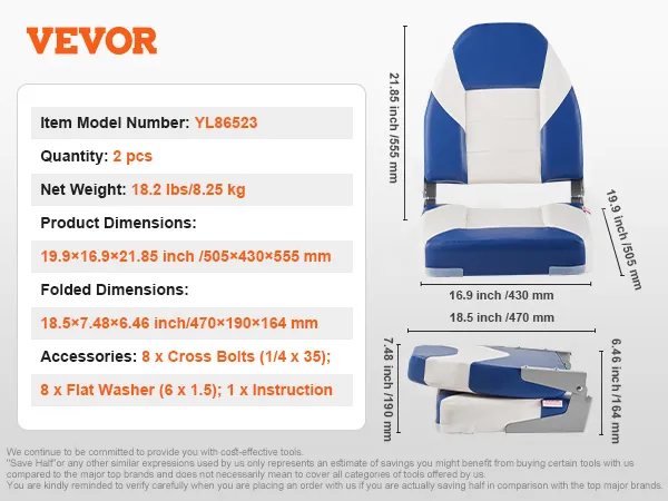 VEVOR boat seats, 2 pcs, 18.2 lbs, dimensions shown, blue and white color, model yl86523.