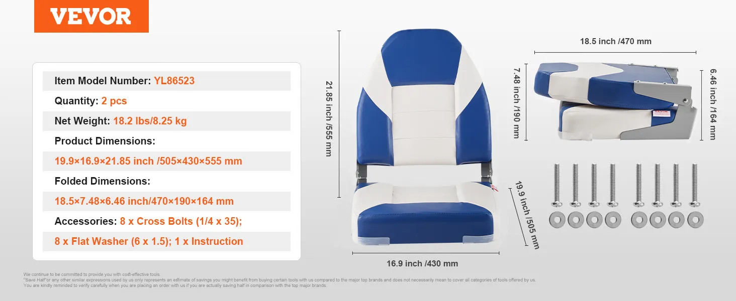 VEVOR boat seats, 2 pcs, 18.2 lbs, dimensions shown, blue and white color, model yl86523.