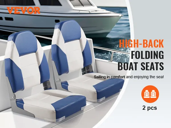 VEVOR boat seats, high-back and folding, offering comfort and style on your boat. two seats, blue and white.