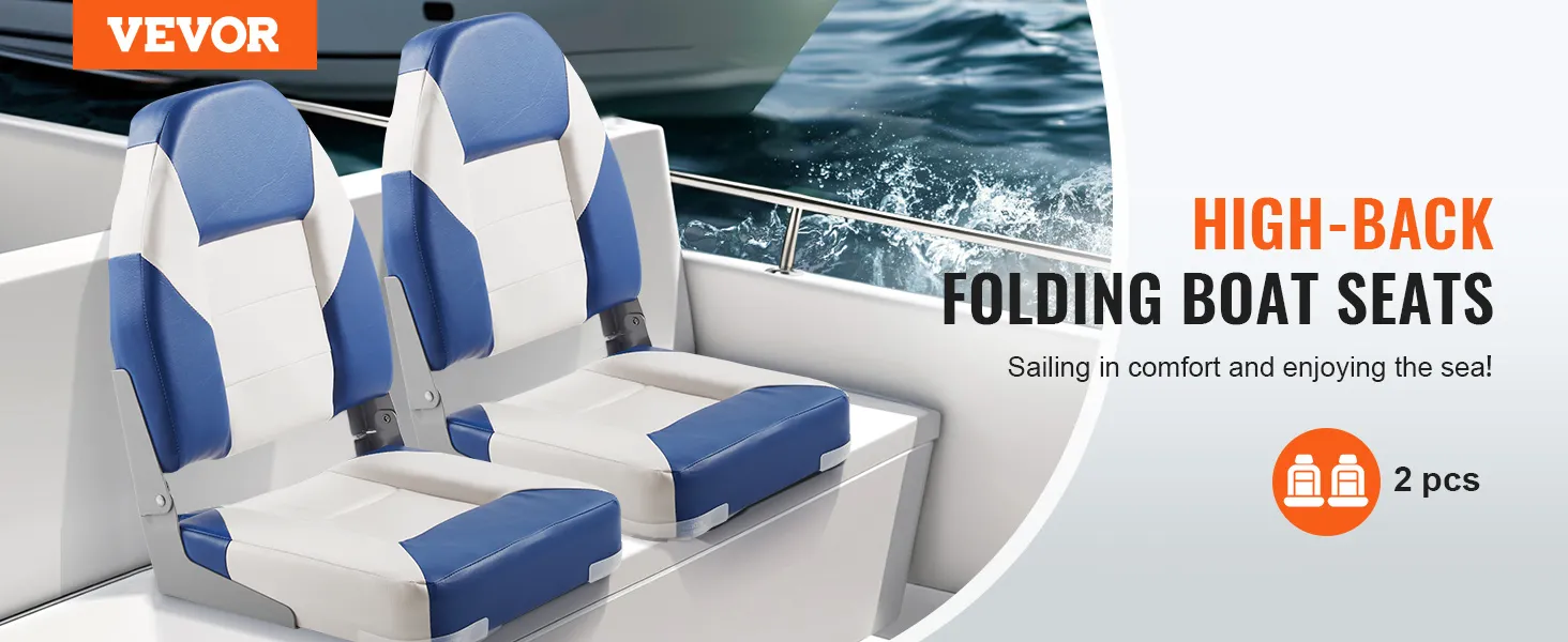 VEVOR boat seats, high-back and folding, offering comfort and style on your boat. two seats, blue and white.