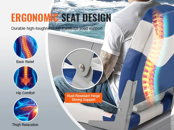ergonomic VEVOR boat seats for back relief, hip comfort, thigh relaxation, and rust-resistant hinges.