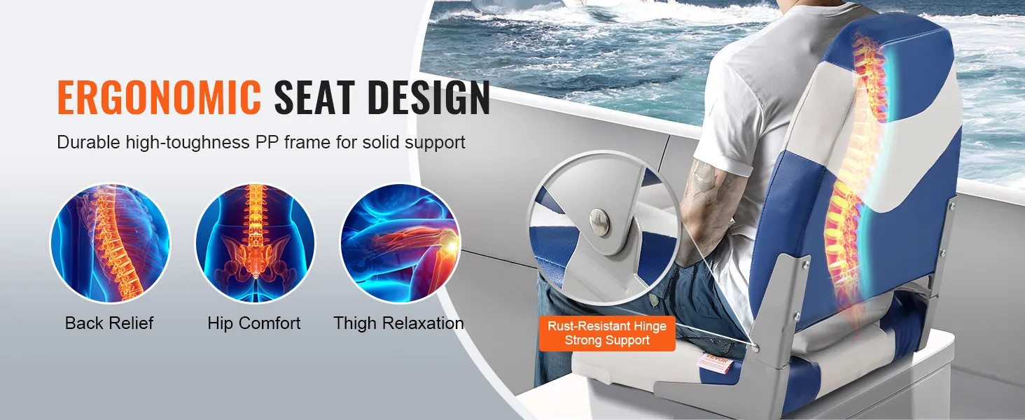 ergonomic VEVOR boat seats for back relief, hip comfort, thigh relaxation, and rust-resistant hinges.