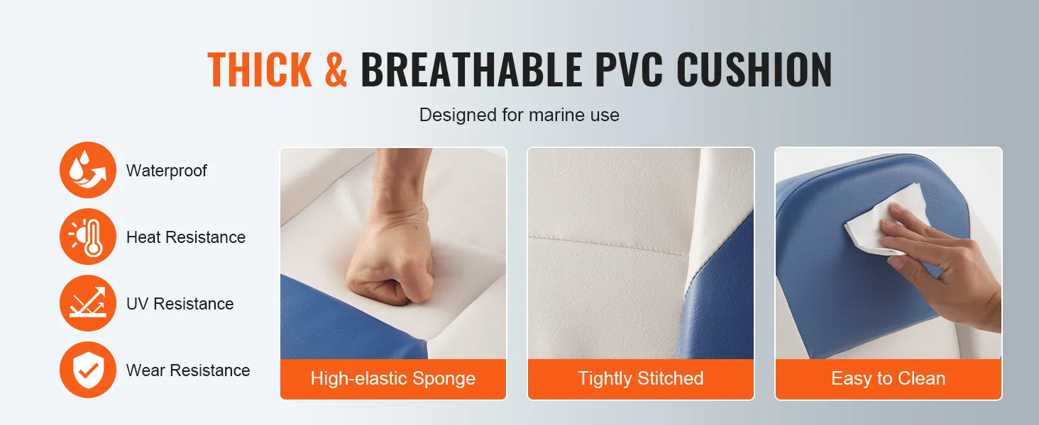thick & breathable pvc cushion VEVOR boat seats, waterproof, heat and uv resistant, easy to clean.