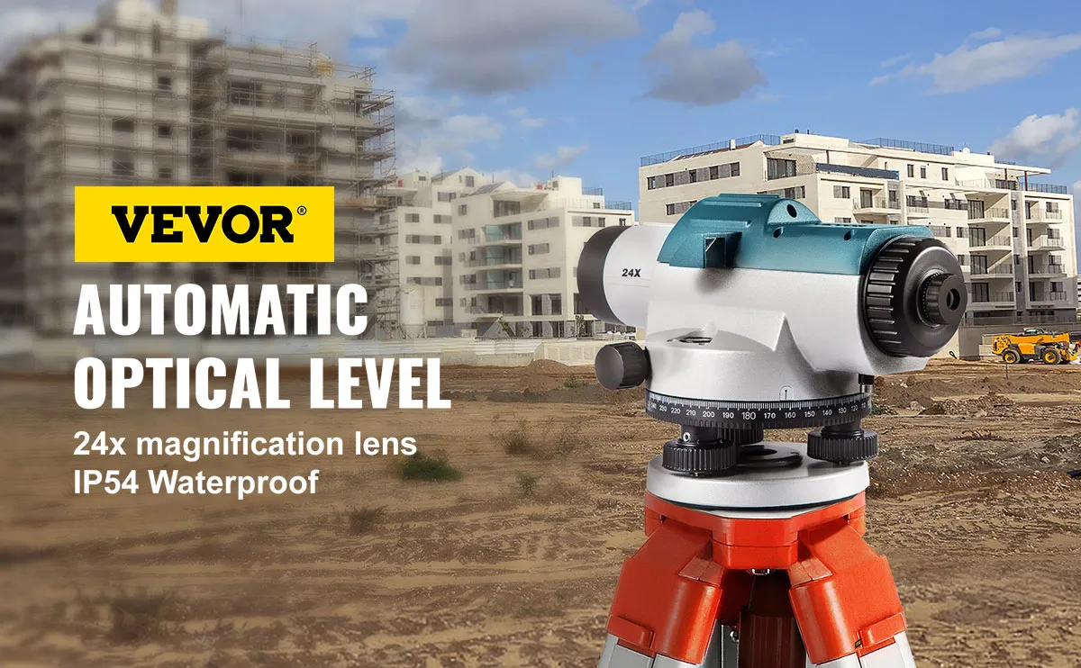 VEVOR automatic optical level with 24x magnification on a construction site.