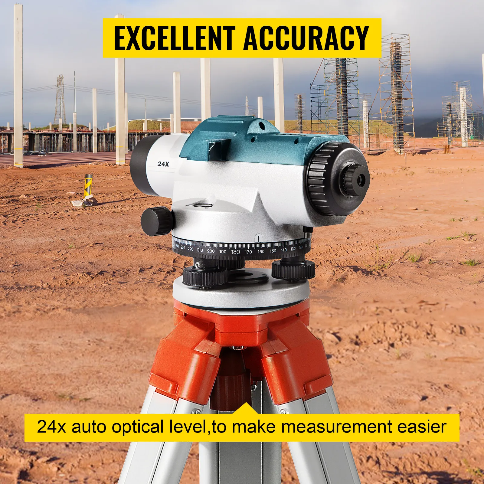 VEVOR automatic optical level on tripod, construction site background, "excellent accuracy".