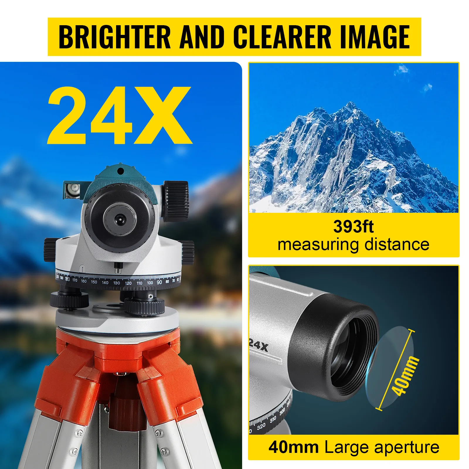 VEVOR automatic optical level with 24x magnification, 393ft distance, 40mm aperture.