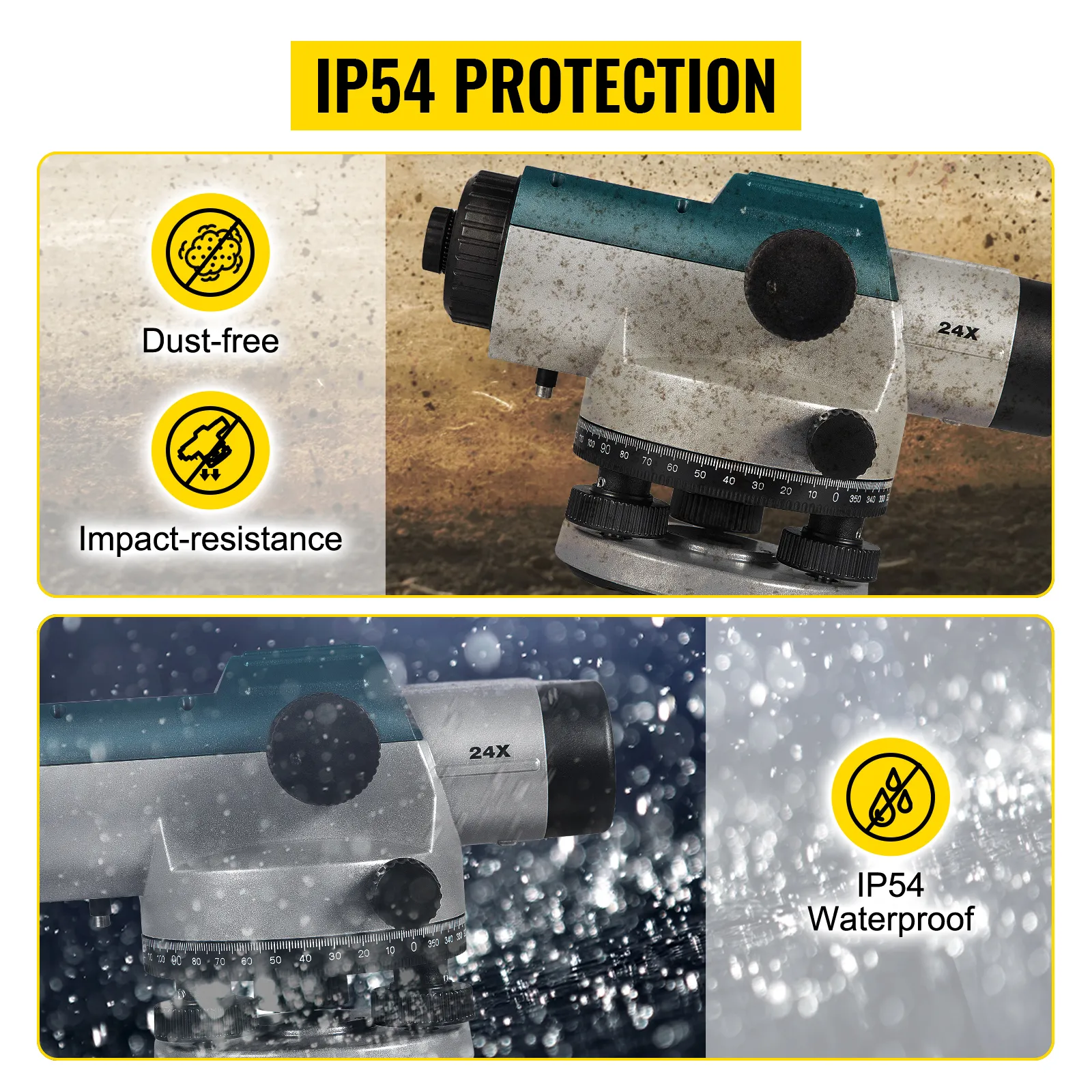 VEVOR automatic optical level with ip54 protection, dust-free, impact-resistant, waterproof.