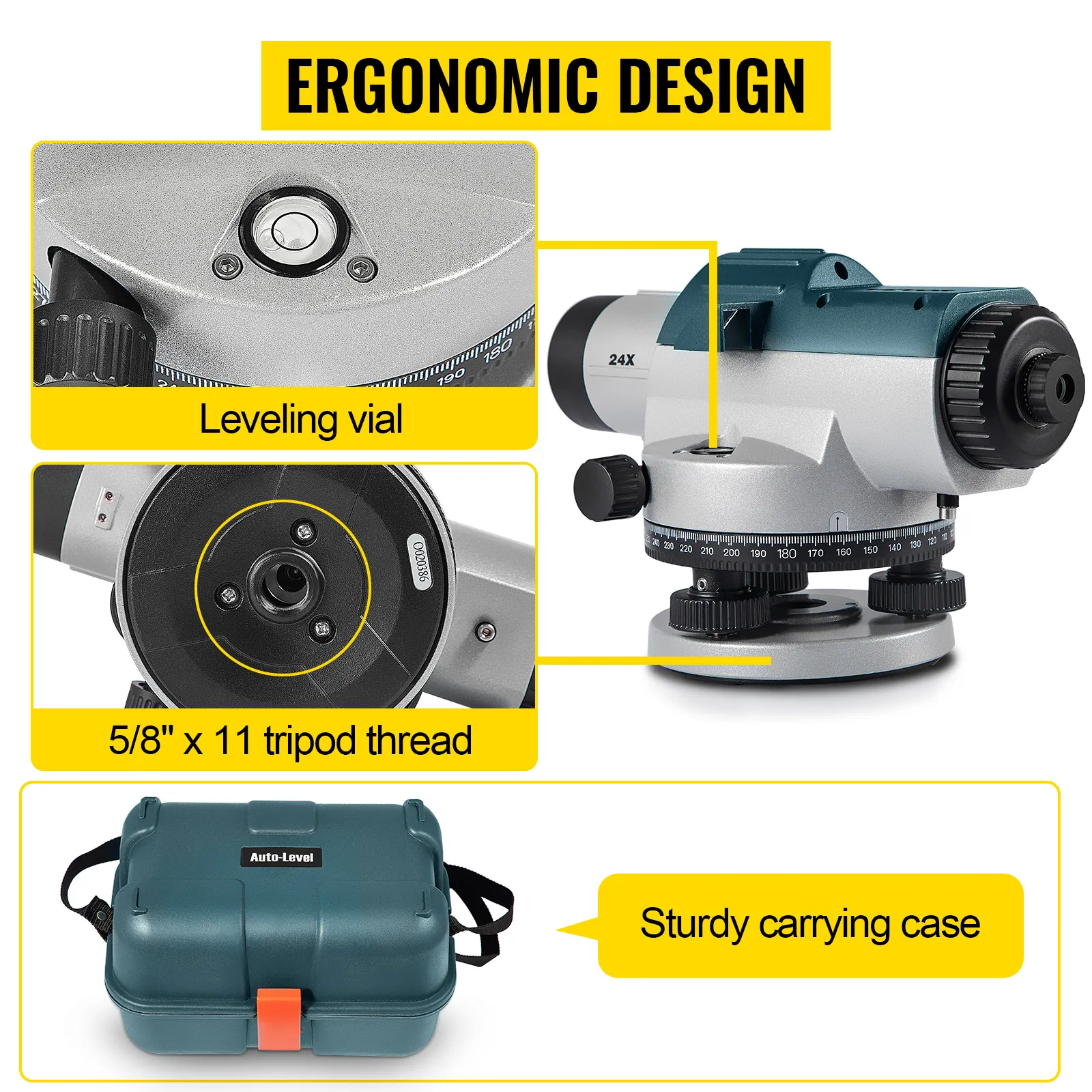 VEVOR automatic optical level with leveling vial, 5/8" x 11 tripod thread, and case.