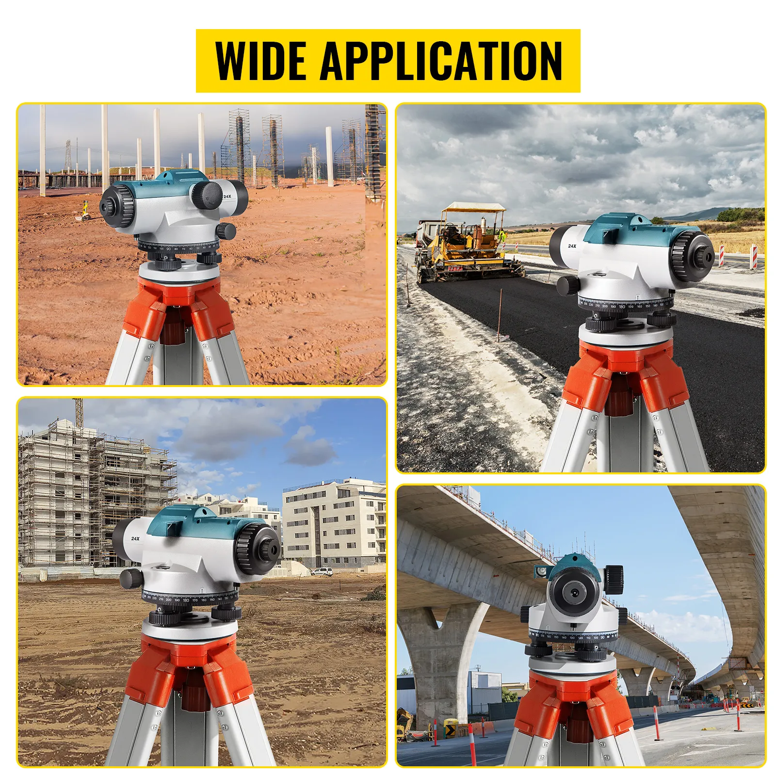 VEVOR automatic optical level used on construction sites, roadwork, and bridge projects.