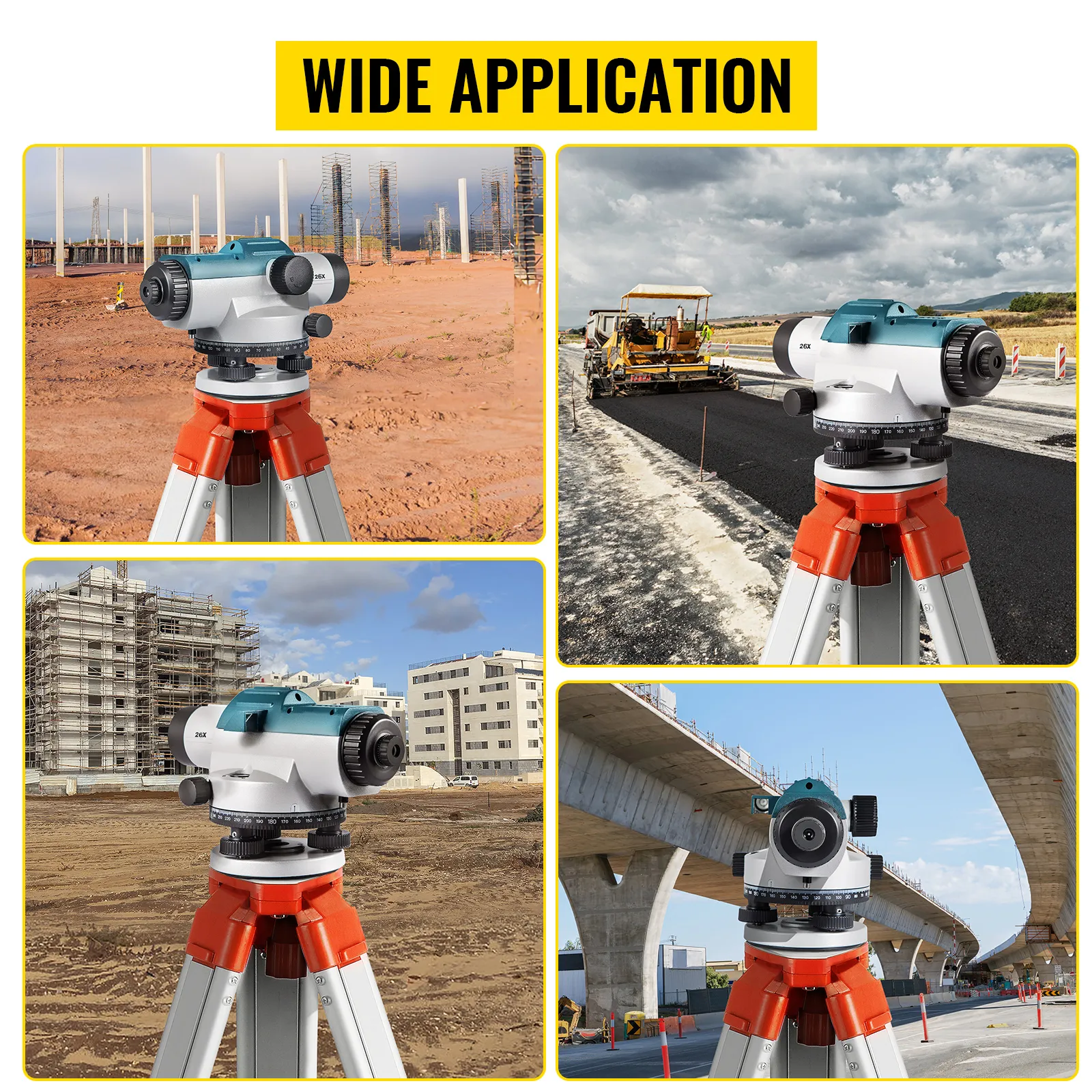 VEVOR automatic optical level on tripod at construction site, roadwork, and bridge project.