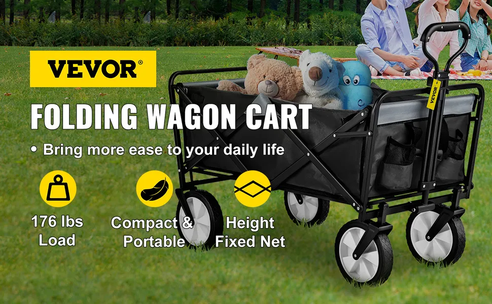 VEVOR collapsible folding wagon with 176 lbs load, compact and portable, showcased on a grassy area.