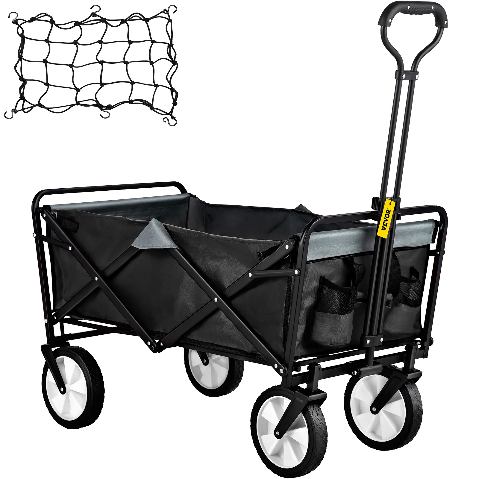 VEVOR collapsible folding wagon with black storage net and large white wheels, adjustable handle.