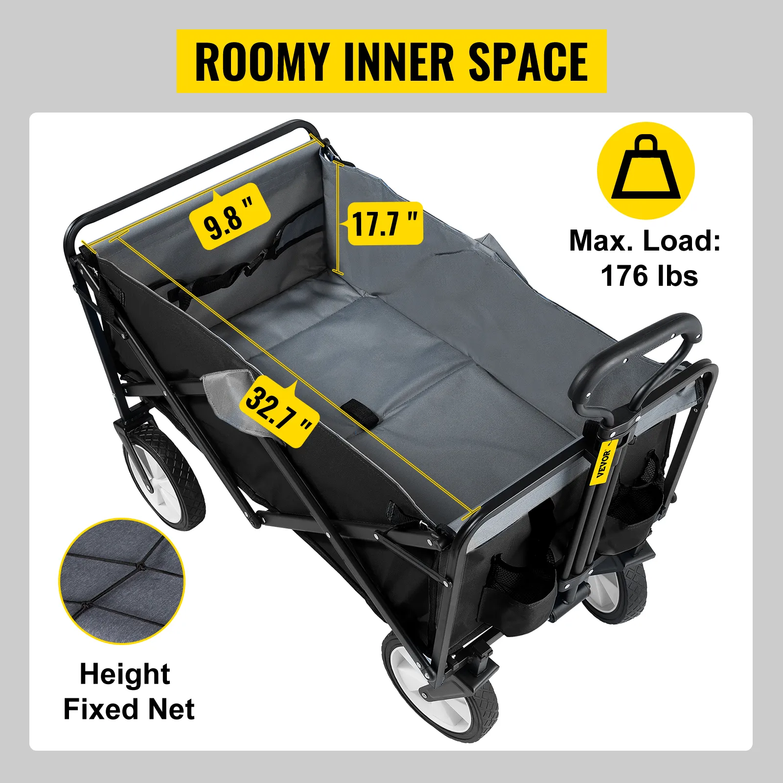 VEVOR collapsible folding wagon showcasing roomy inner space with dimensions and max load of 176 lbs.