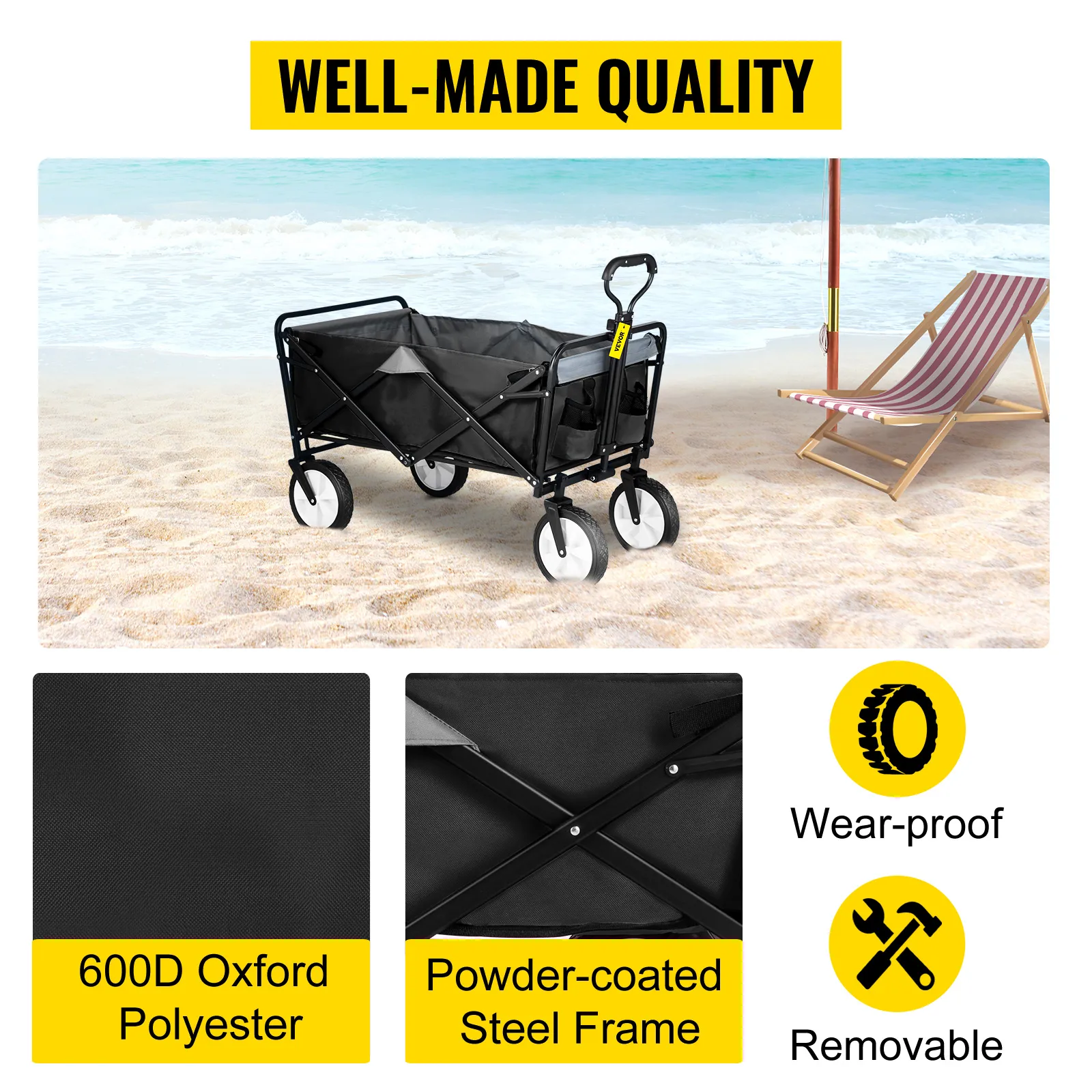 VEVOR collapsible folding wagon on beach with 600d oxford polyester, powder-coated steel frame, and wear-proof wheels.
