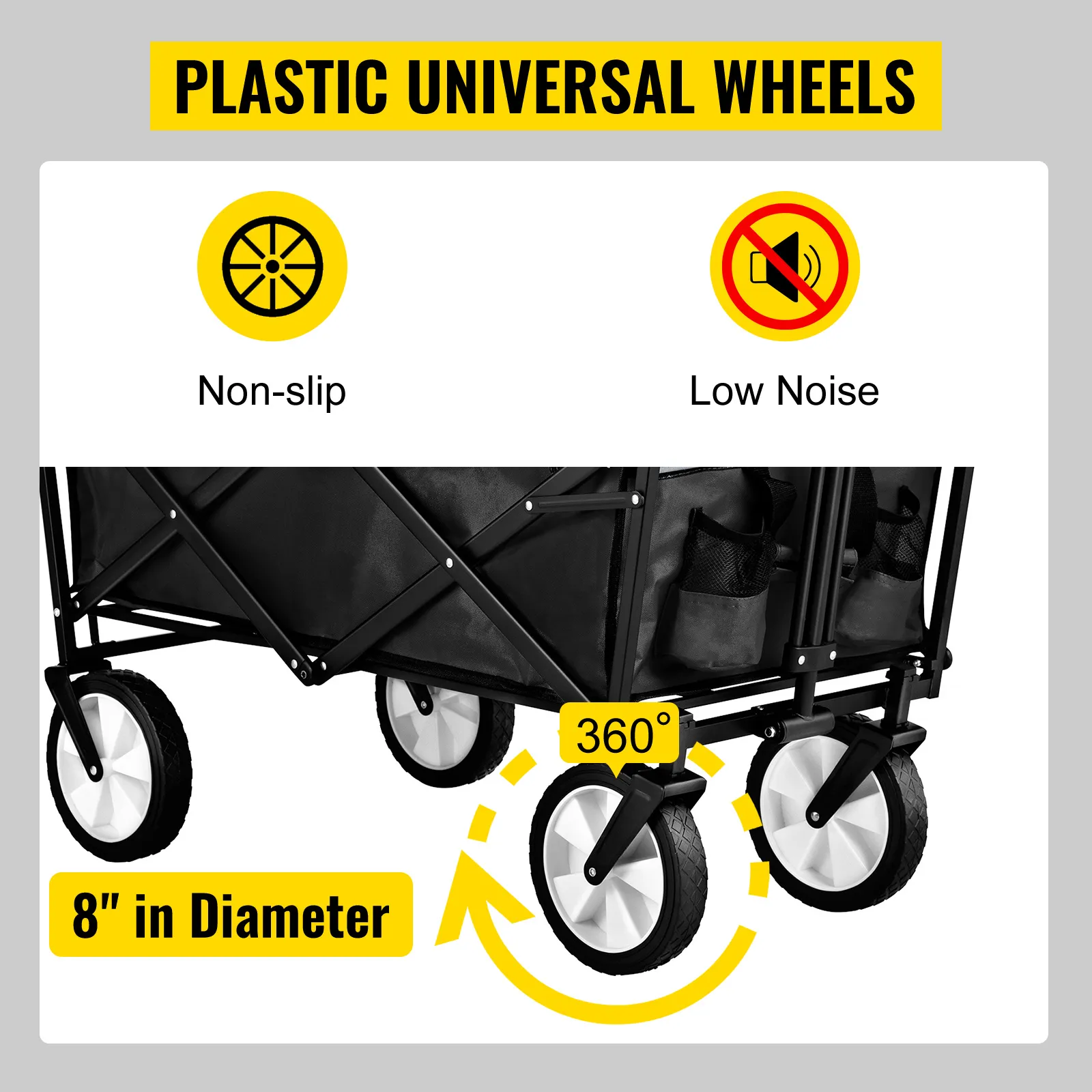 plastic universal wheels on VEVOR collapsible folding wagon, non-slip, low noise, 8" in diameter, 360° rotation.