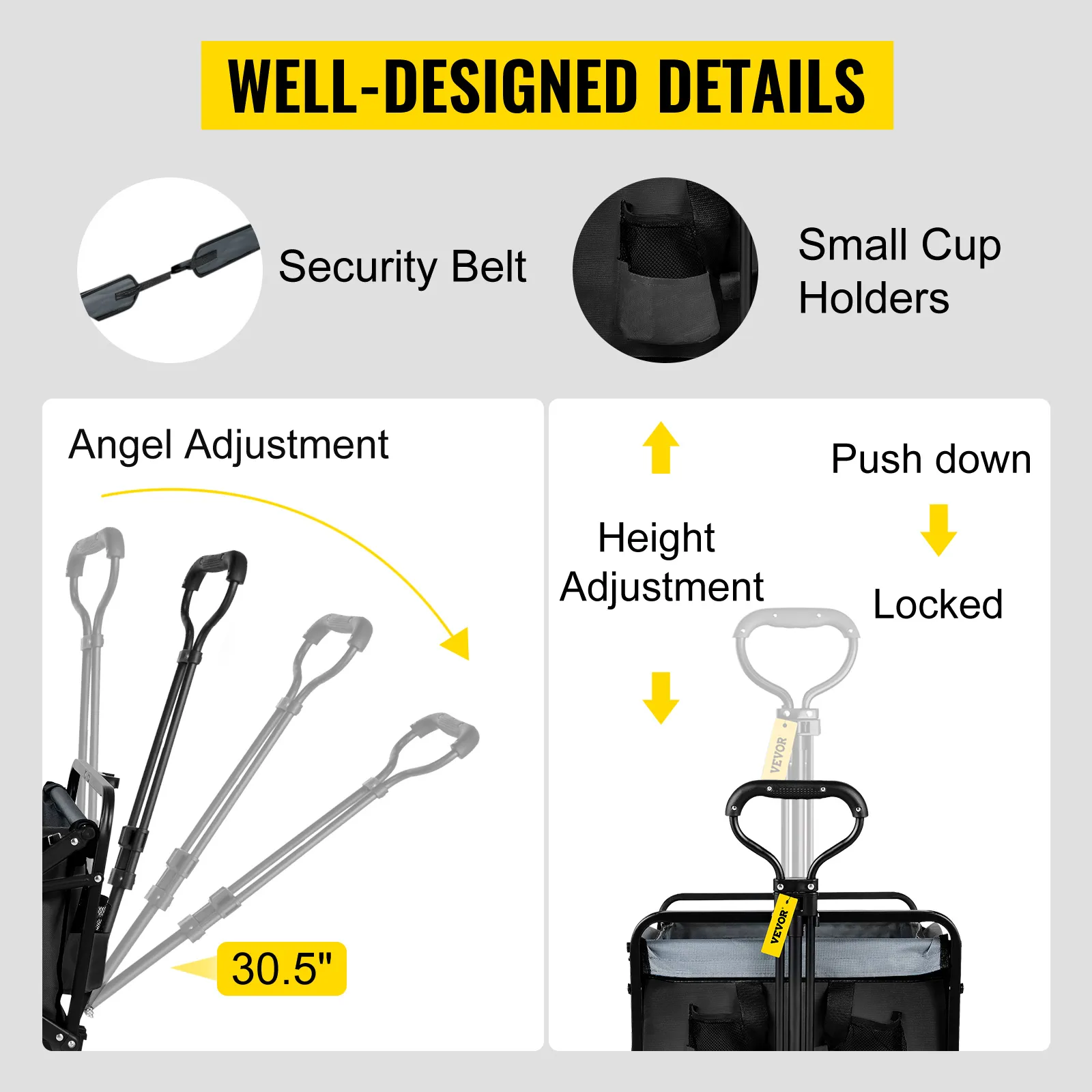 VEVOR collapsible folding wagon: adjustable handles, security belt, and cup holders for convenience.