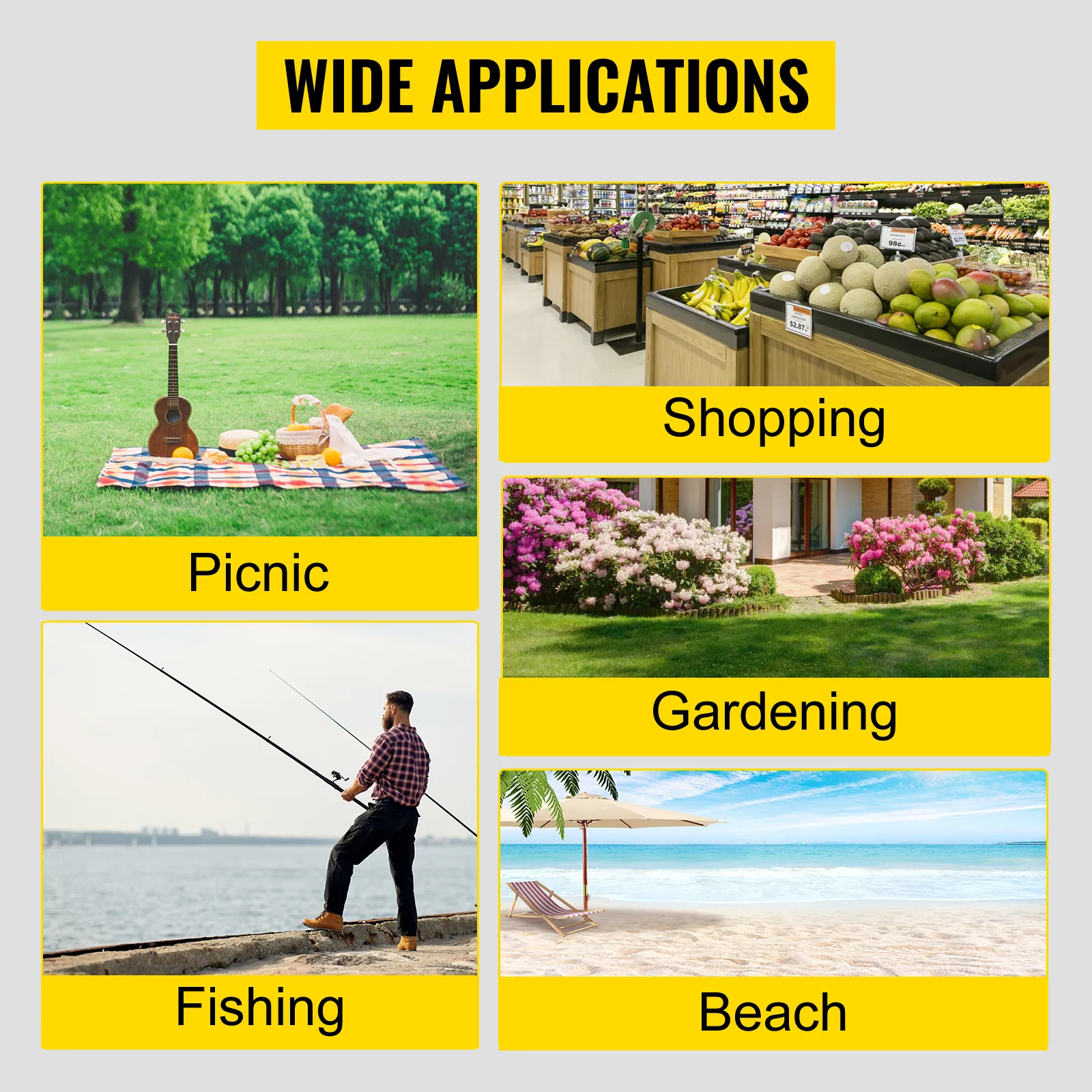 wide applications of VEVOR collapsible folding wagon: picnic, shopping, gardening, fishing, beach.